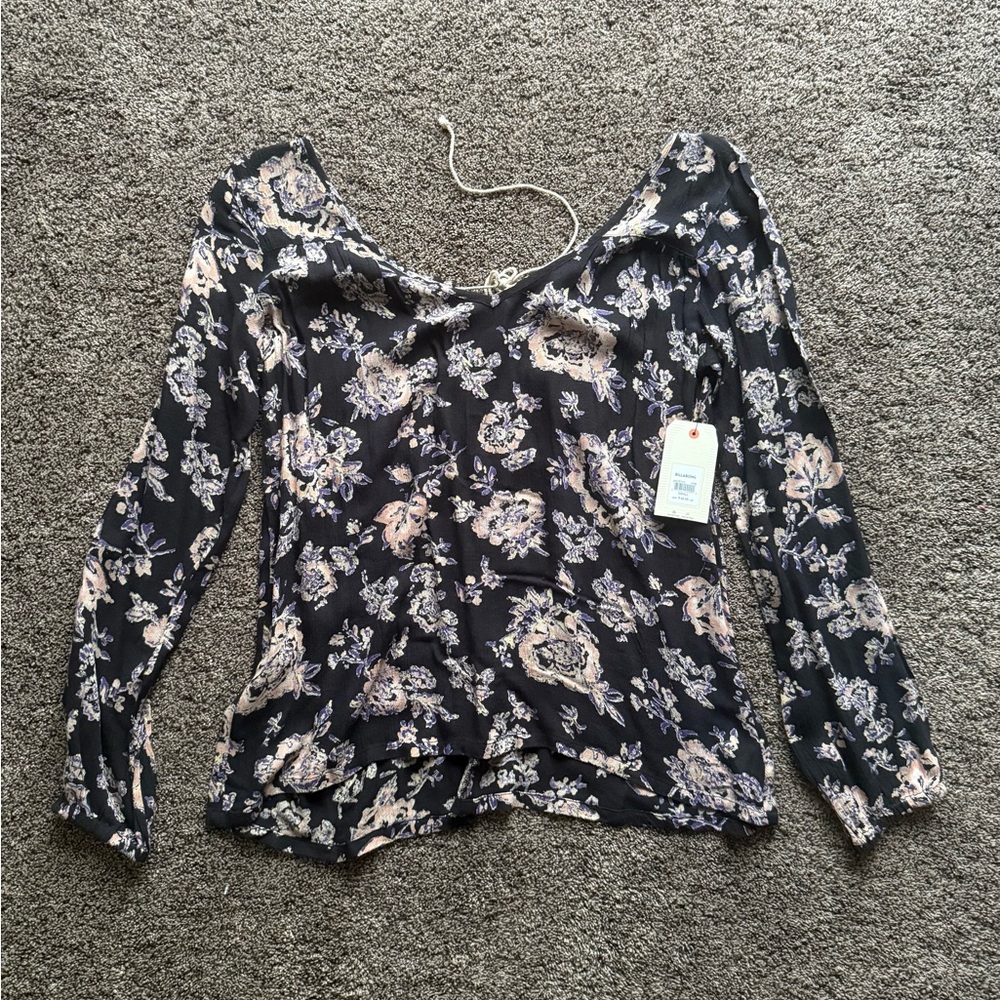 Billabong Black Pink Purple Floral Tie Back Long Sleeve Blouse Small NWT
